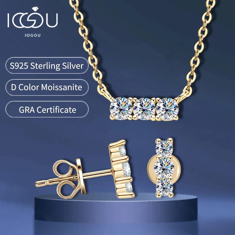IOGOU Simple 3 Stone Moissanite Pendant Necklace Earrings Jewelry Set for Women Real 925 Silver Valentine's Day Christmas Gifts