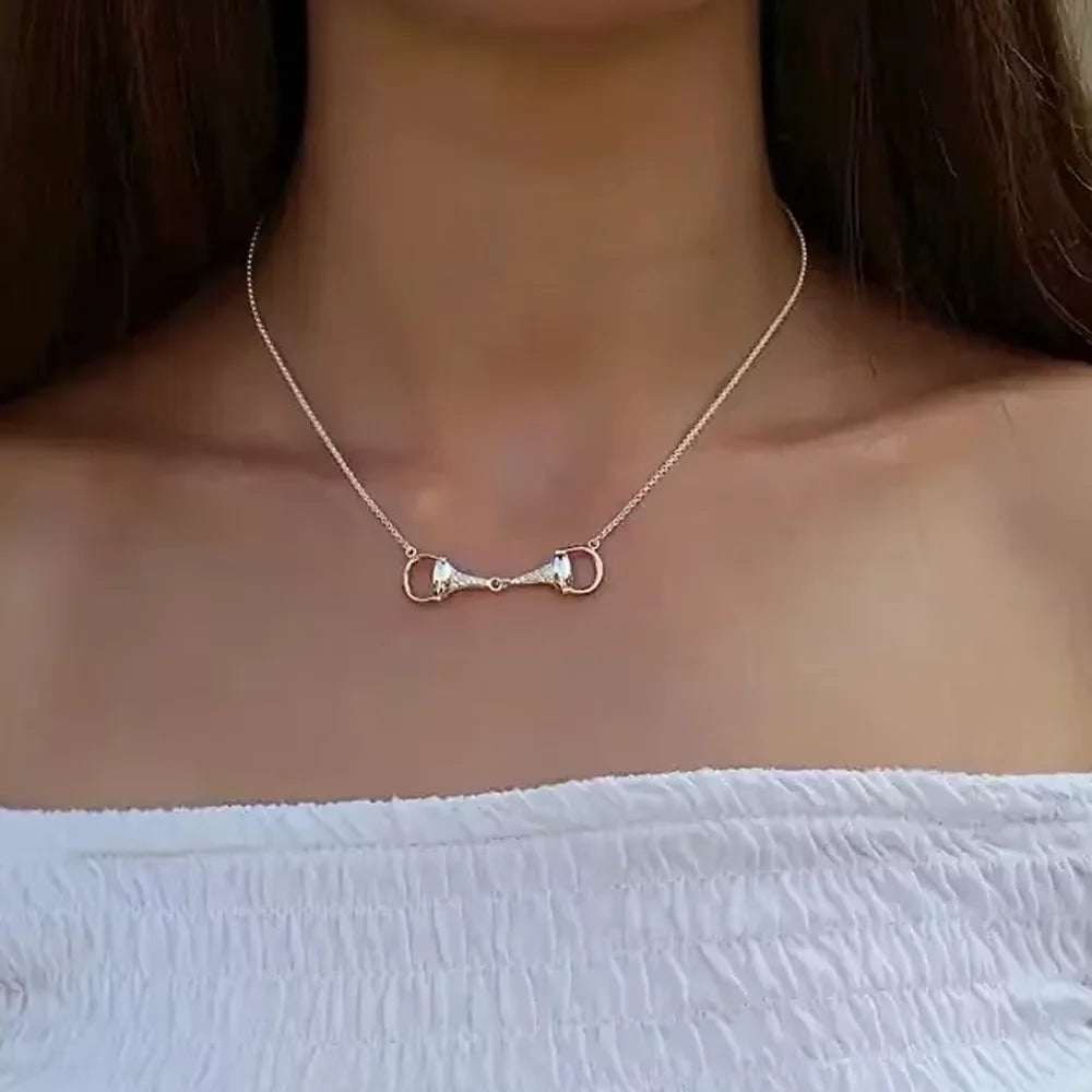 New Fashion 925 Silver Sterling Two tone Horseshoe Bit Horse Charm Pendant Necklace Pave CZ Link Chain Women Girl Gift Jewelry