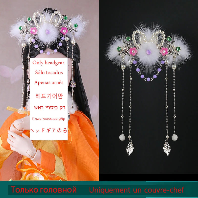 Dolls Jewelry Headgear Accessories for 1/3 BJD Ancient Hanfu Doll Traditional Bead Headdress Necklace Earring DIY Toys for Girl
