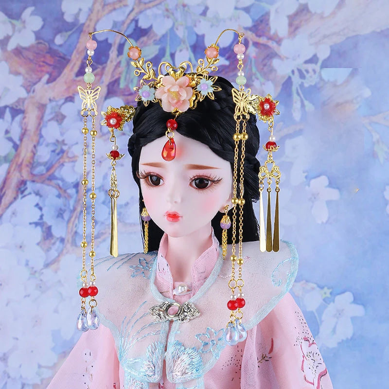 Dolls Jewelry Headgear Accessories for 1/3 BJD Ancient Hanfu Doll Traditional Bead Headdress Necklace Earring DIY Toys for Girl
