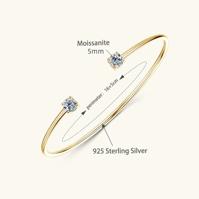 0.5CT D VVS1 3EX Moissanite Bangle Genuine 925 Sterling Silver Hand Opening Cuffs Bracelets for Women Girls Gold Fine Jewelry