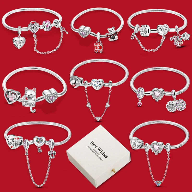 4pcs/lot Silver 925 Origina Heart Shape Mom Sister Lover Charm Set Hand of Fashion Bracelet With White Box Women Jewelry Gifts