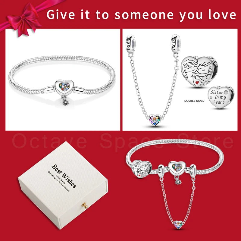 4pcs/lot Silver 925 Origina Heart Shape Mom Sister Lover Charm Set Hand of Fashion Bracelet With White Box Women Jewelry Gifts