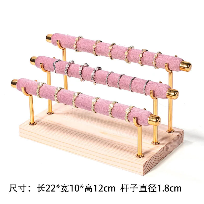 Solid Wood Pink Velvet Jewelry Exhibitor Stand Ring Earrings Storage Stand Bracelet Watch Display Stand