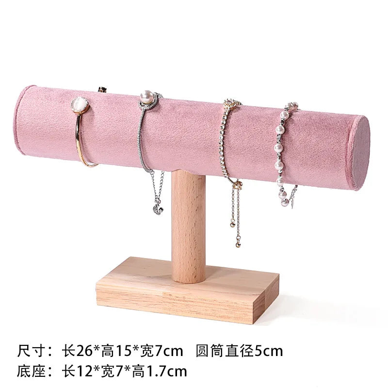 Solid Wood Pink Velvet Jewelry Exhibitor Stand Ring Earrings Storage Stand Bracelet Watch Display Stand