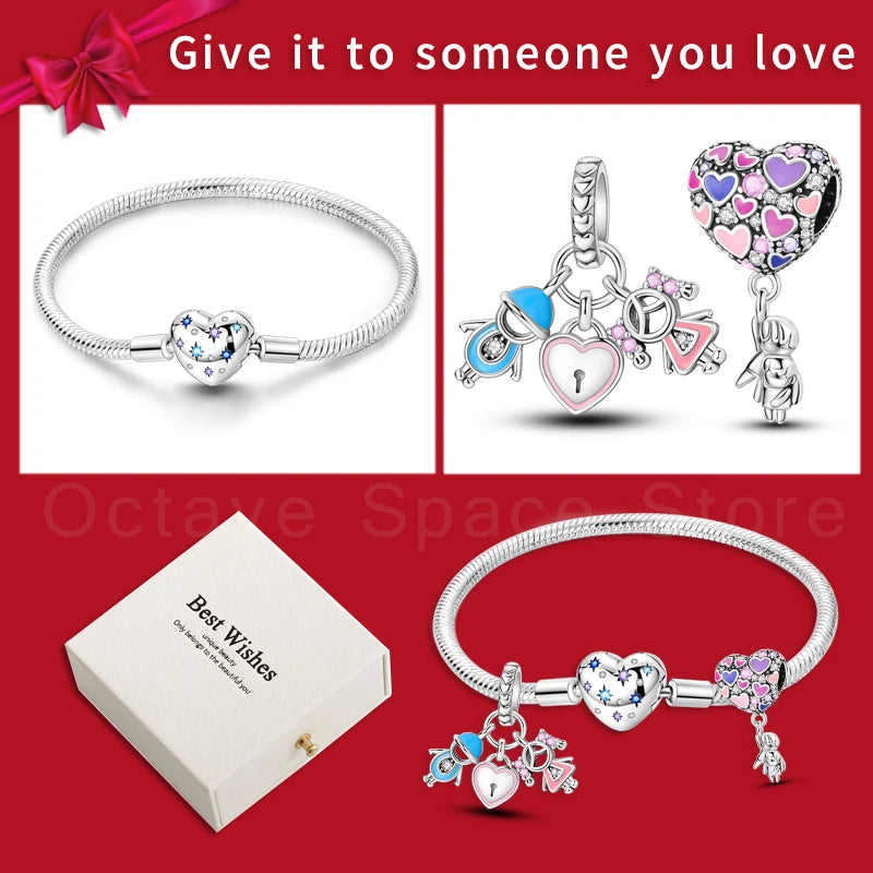 4pcs/lot Silver 925 Origina Heart Shape Mom Sister Lover Charm Set Hand of Fashion Bracelet With White Box Women Jewelry Gifts