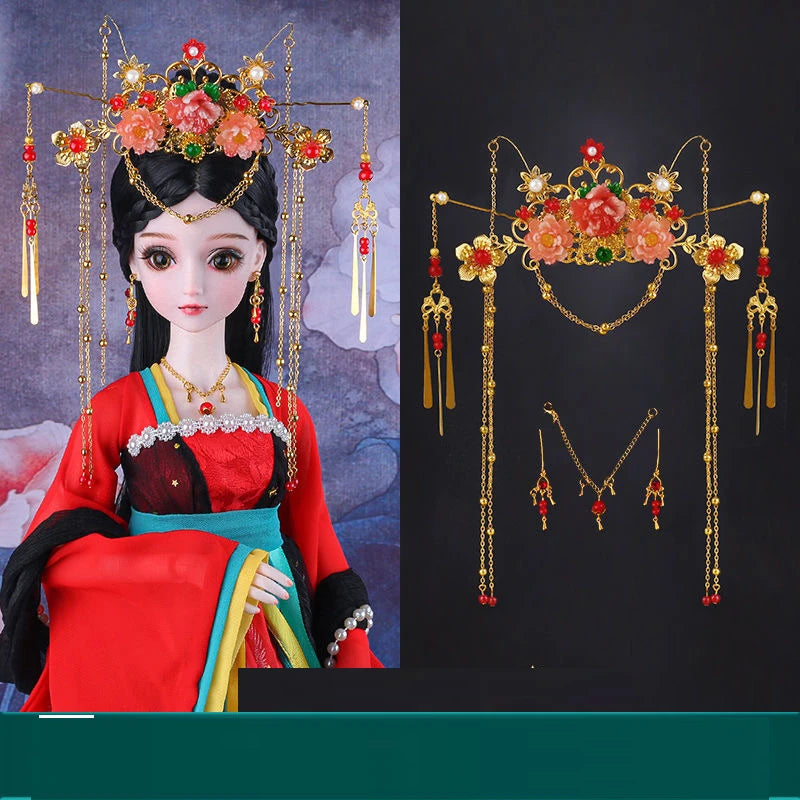 Dolls Jewelry Headgear Accessories for 1/3 BJD Ancient Hanfu Doll Traditional Bead Headdress Necklace Earring DIY Toys for Girl