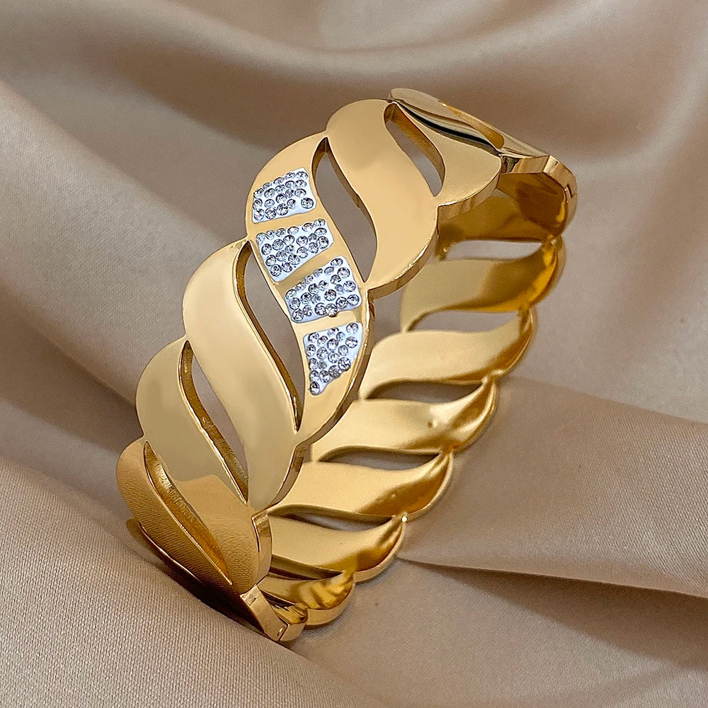 Chunky Inlaid Rhinestone Geometric Wave Wide Cuff Bangle Bracelet for Women Fashion Stainless Steel Gold Silver Color Bracelets
