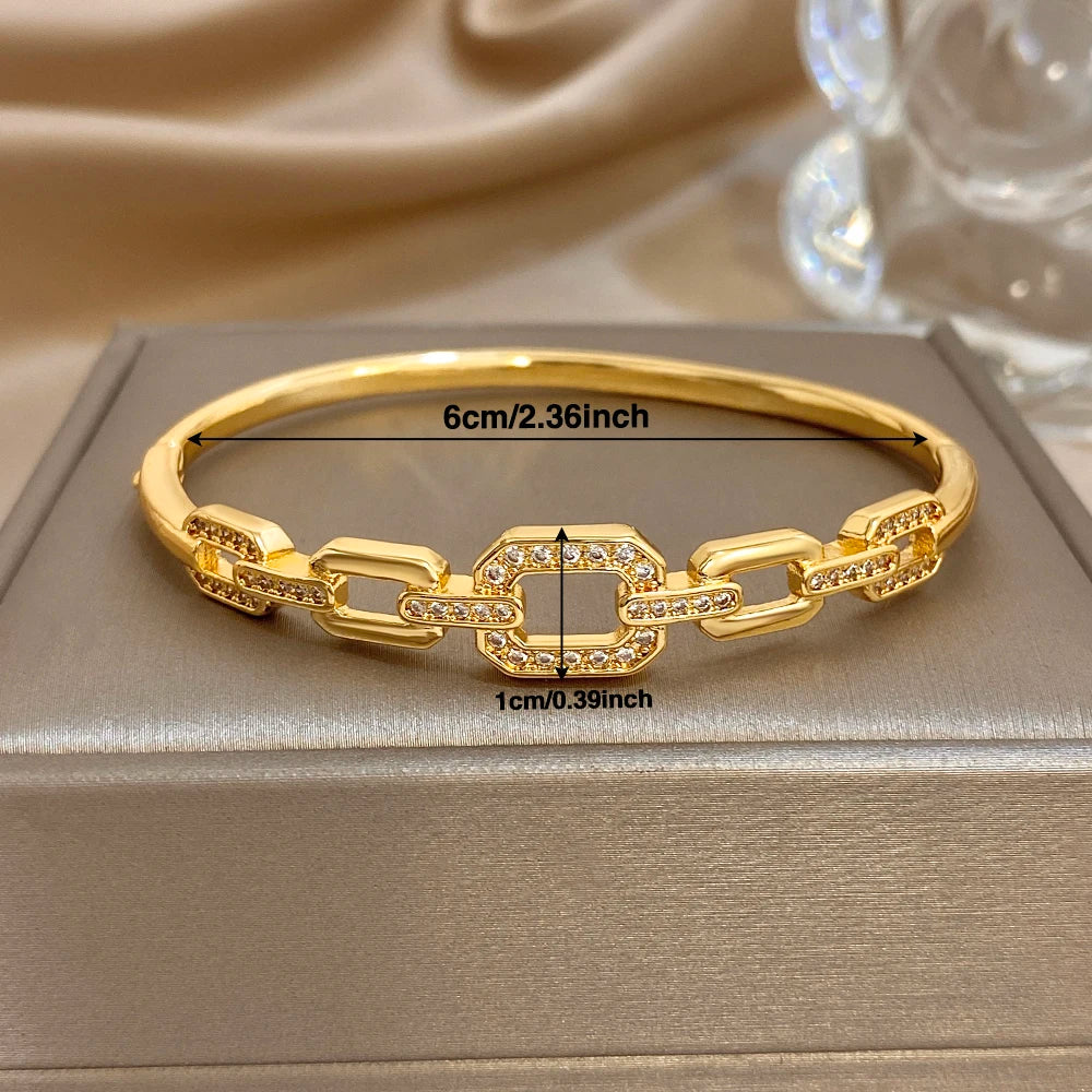 Greatera Luxury Zircon Decoration Golden Plated Cuff Bangle Women High Quality Hollow Square Original Design Bracelet Jewelry