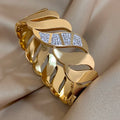 Chunky Inlaid Rhinestone Geometric Wave Wide Cuff Bangle Bracelet for Women Fashion Stainless Steel Gold Silver Color Bracelets